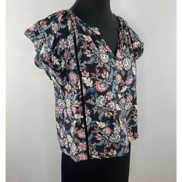 Roan + Ryan Black Multi Floral Paisley V-Neck Ladder Lace Flutter Sleeve Top XS - Picture 2 of 8